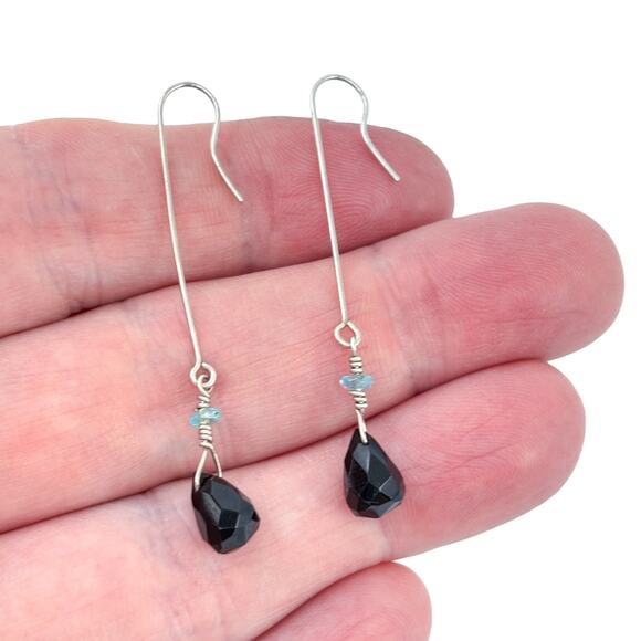 Estate Sterling Silver 925 Black Garnet Aquamarine Long Drop Earrings - Picture 1 of 7
